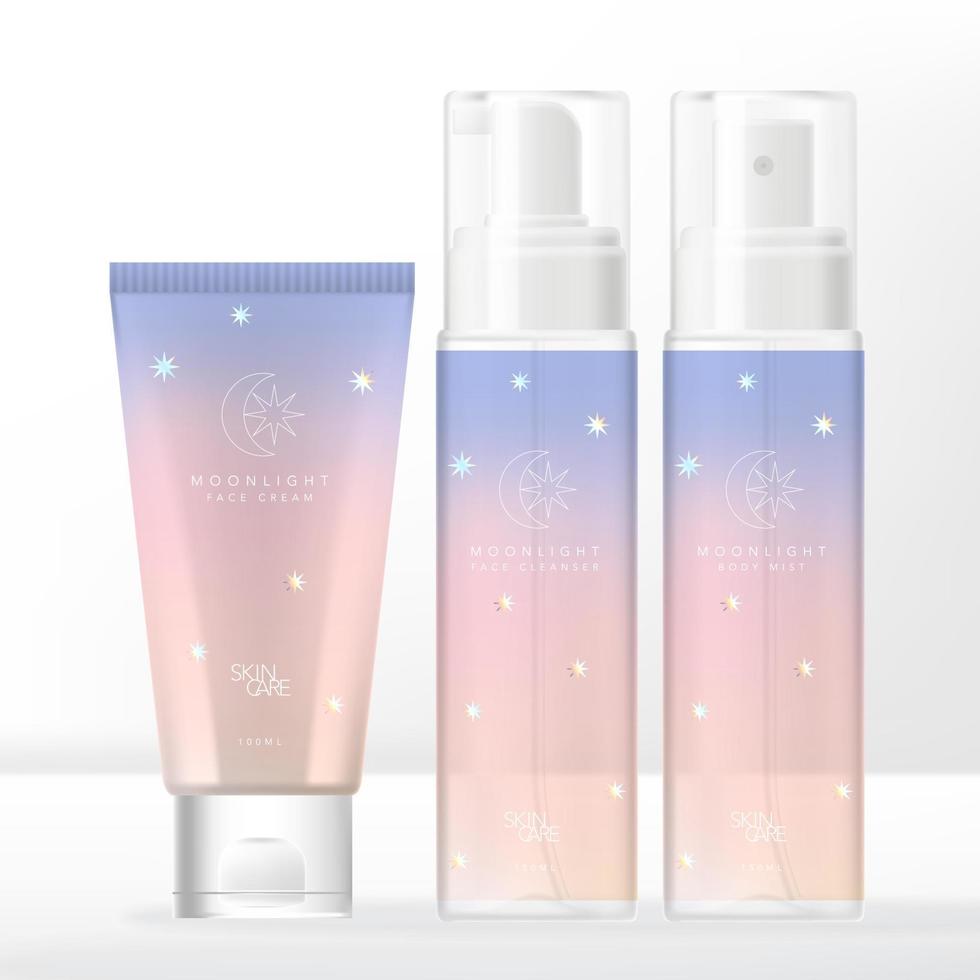 Vector Moonlight Holographic Theme Gradient Pastel Tube Transparent Pump or Spray Bottle Packaging