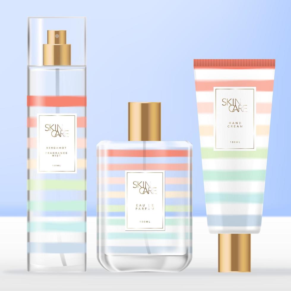 Vector Summer Theme Toiletries, Beauty or Fragrance Set with Perfume Bottle, Body or Facial Mist Spray Bottle Hand Cream Tube Packaging with Rainbow Stripe Pattern Design.