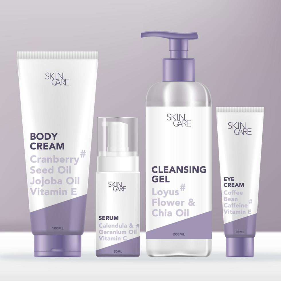 Vector Medical Skincare or Beauty Set with Tube, Pump Bottle, Dispenser Tube Packaging. Minimalistic Design.