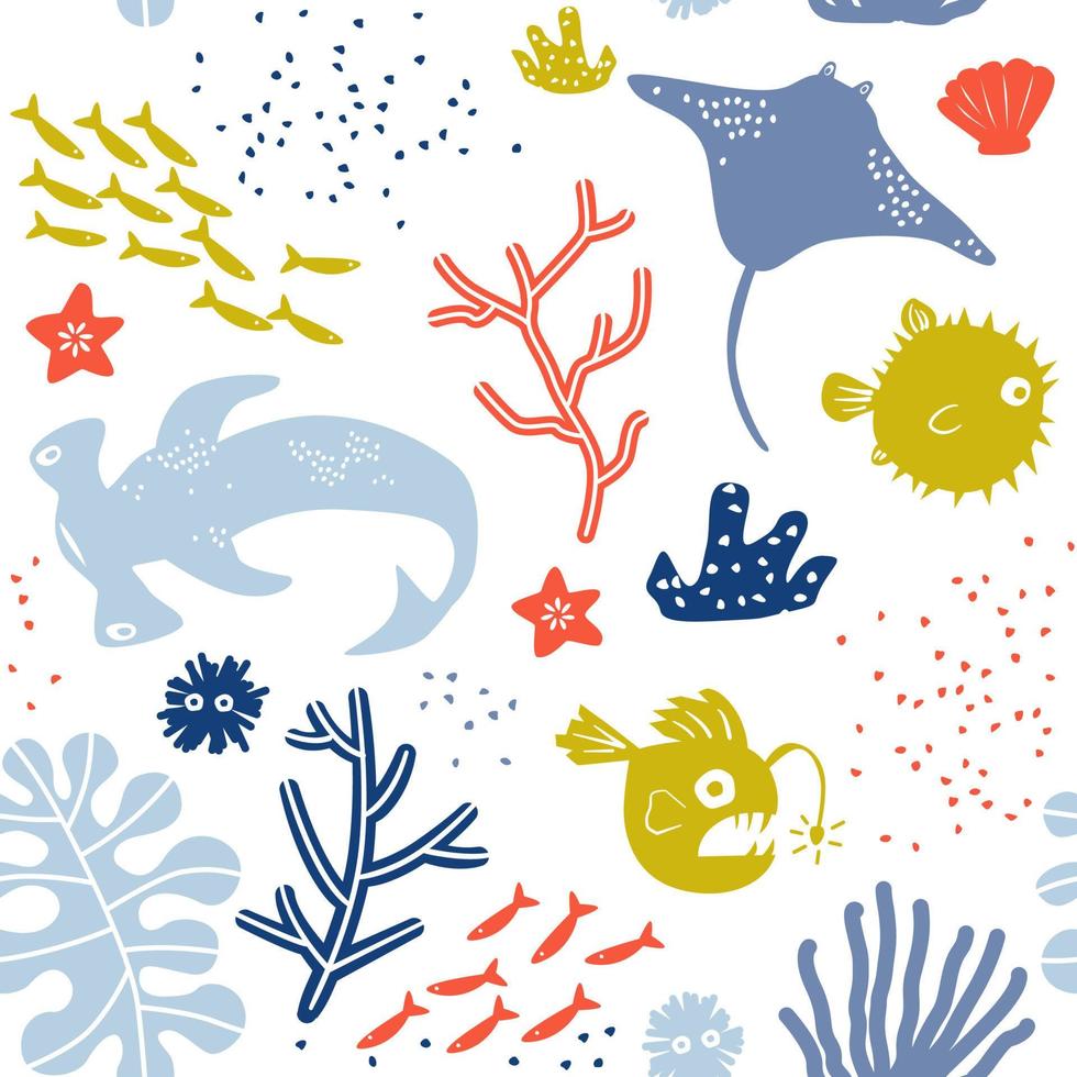 Vector Underwater World Kid or Child Seamless Pattern with Stingray, Puffer Fish, Lantern Fish Hammerhead Shark.