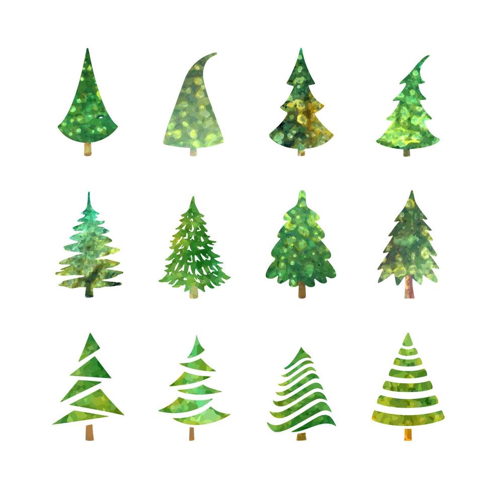 Vector colorful illustration set of a Christmas tree icons isolated on white background. Can be used for greeting card, invitation, banner, web design