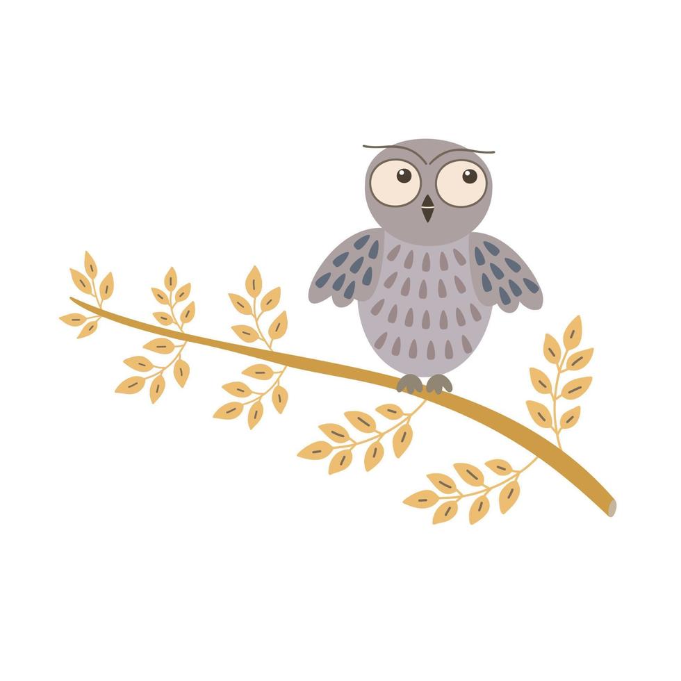 Cute doodle owl sitting on tree branch, simple flat style hand drawn cartoon vector forest bird illustration, fairy tale character, autumn seasonal image for poster, greeting card