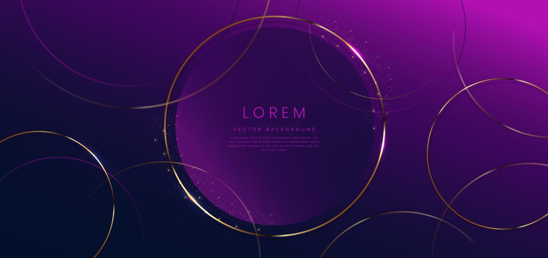 Abstract 3d dark blue and purple circles layer background with gold lines curved sparkle with copy space for text. Luxury style template design. vector