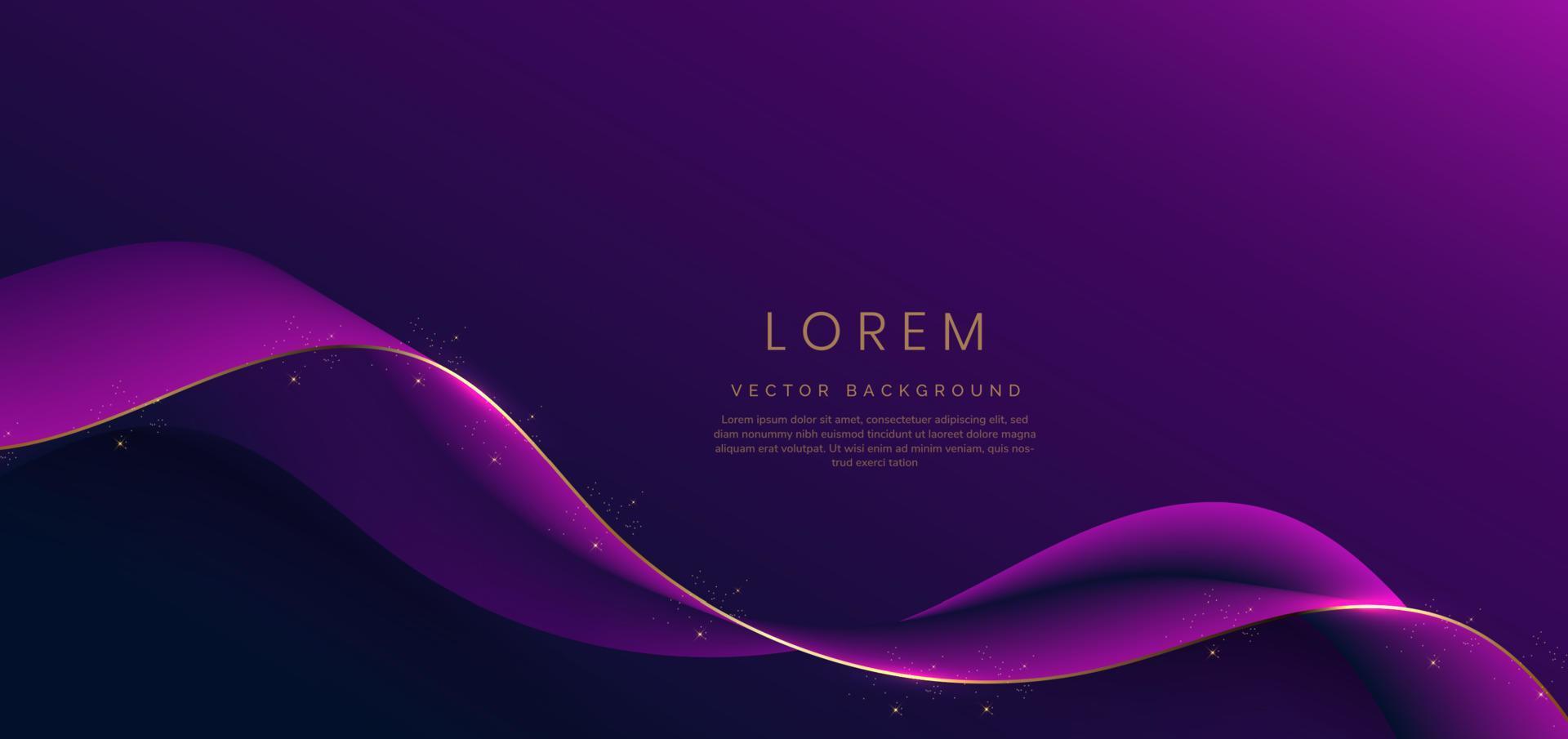 Abstract 3d gold curved purple ribbon on purple and dark blue background with lighting effect and sparkle with copy space for text. Luxury design style. vector