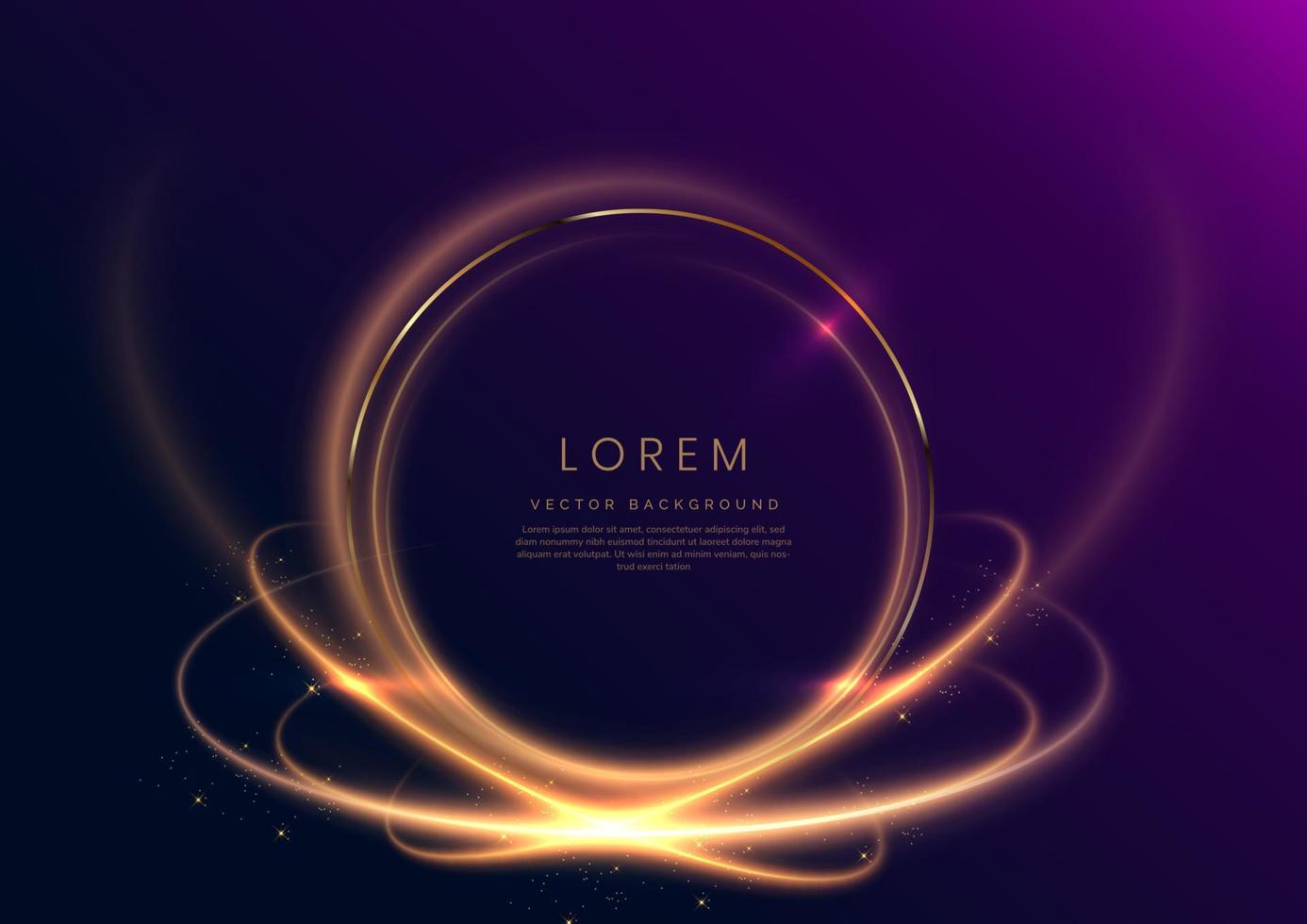 Abstract luxury golden circle glowing lines curved overlapping on dark blue background with lighting effect sparkle. Template premium award design. vector