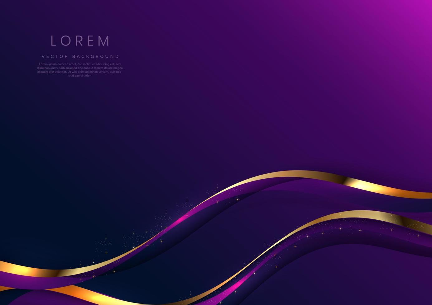 Abstract 3d gold curved purple ribbon on purple and dark blue background with lighting effect and sparkle with copy space for text. Luxury design style. Vector illustration