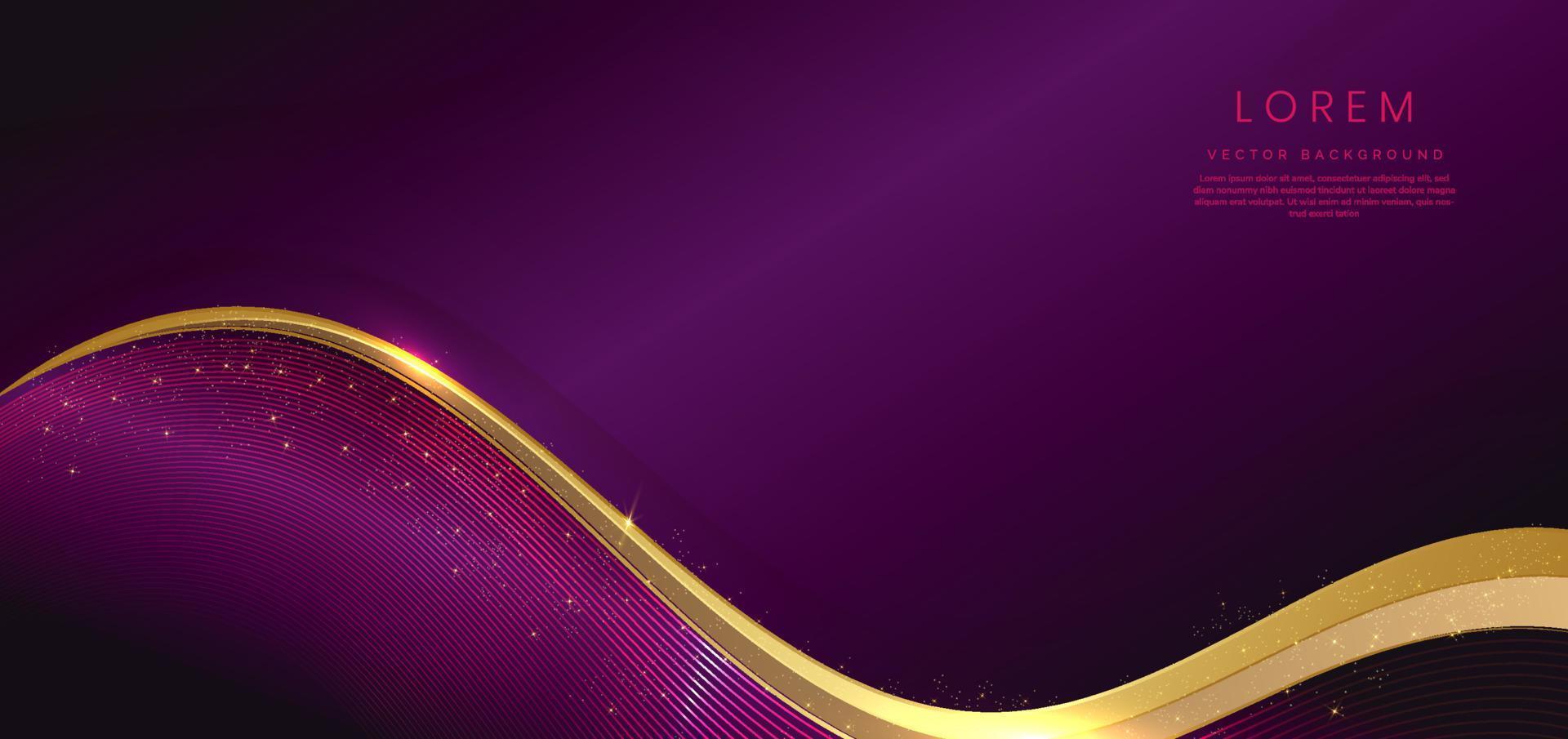 Abstract 3d gold curved ribbon on violet background with lighting effect and sparkle with copy space for text. Luxury design style. vector