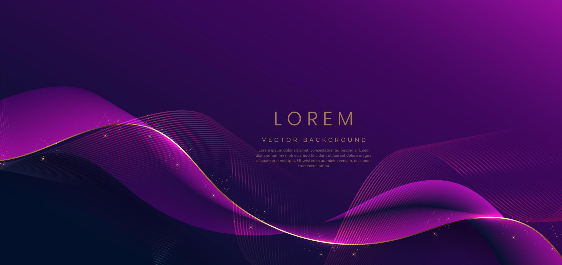 Abstract 3d gold curved purple ribbon on purple and dark blue background with lighting effect and sparkle with copy space for text. Luxury design style. vector