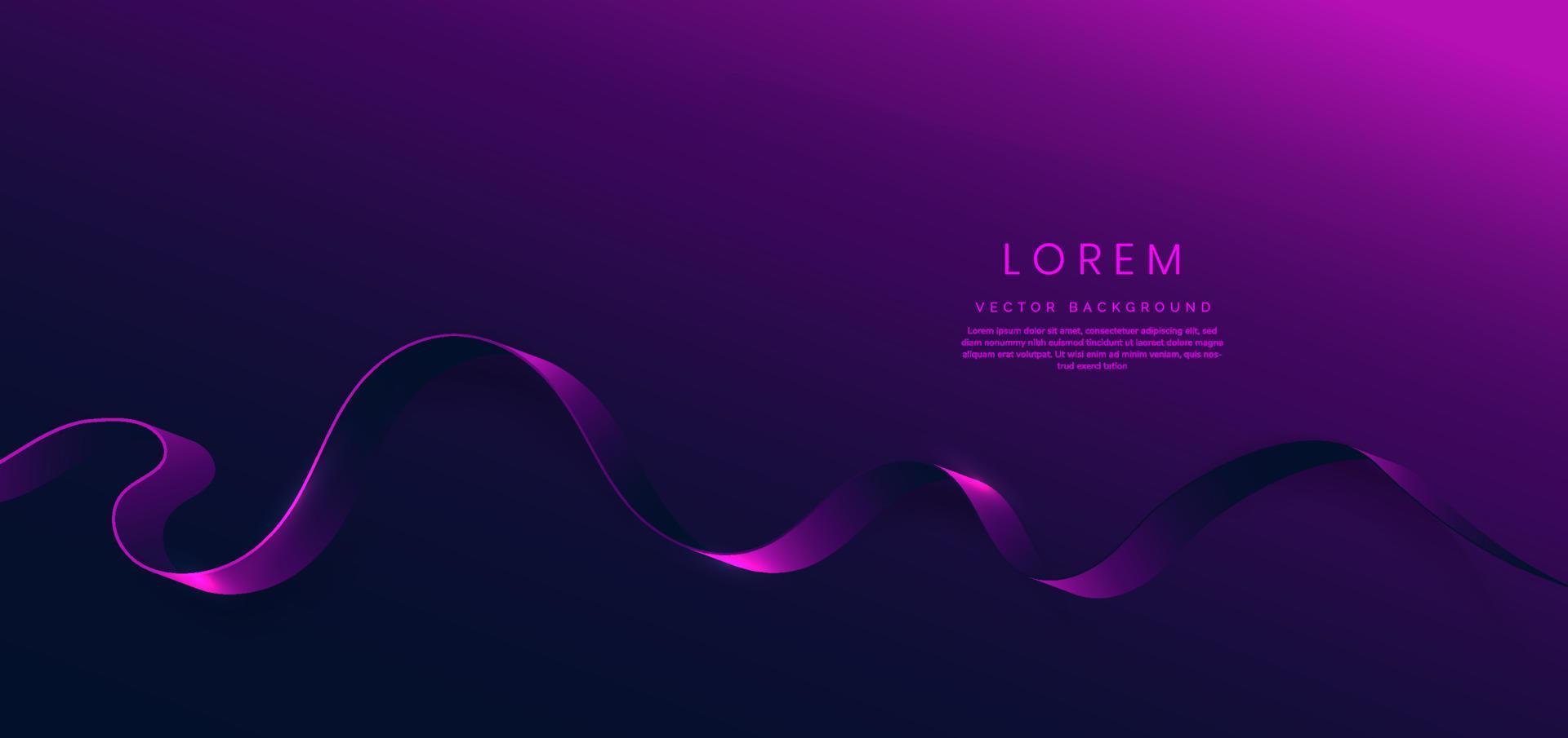 Abstract 3d curved purple and dark blue ribbon on dark background with lighting effect and sparkle with copy space for text. Luxury design style. vector