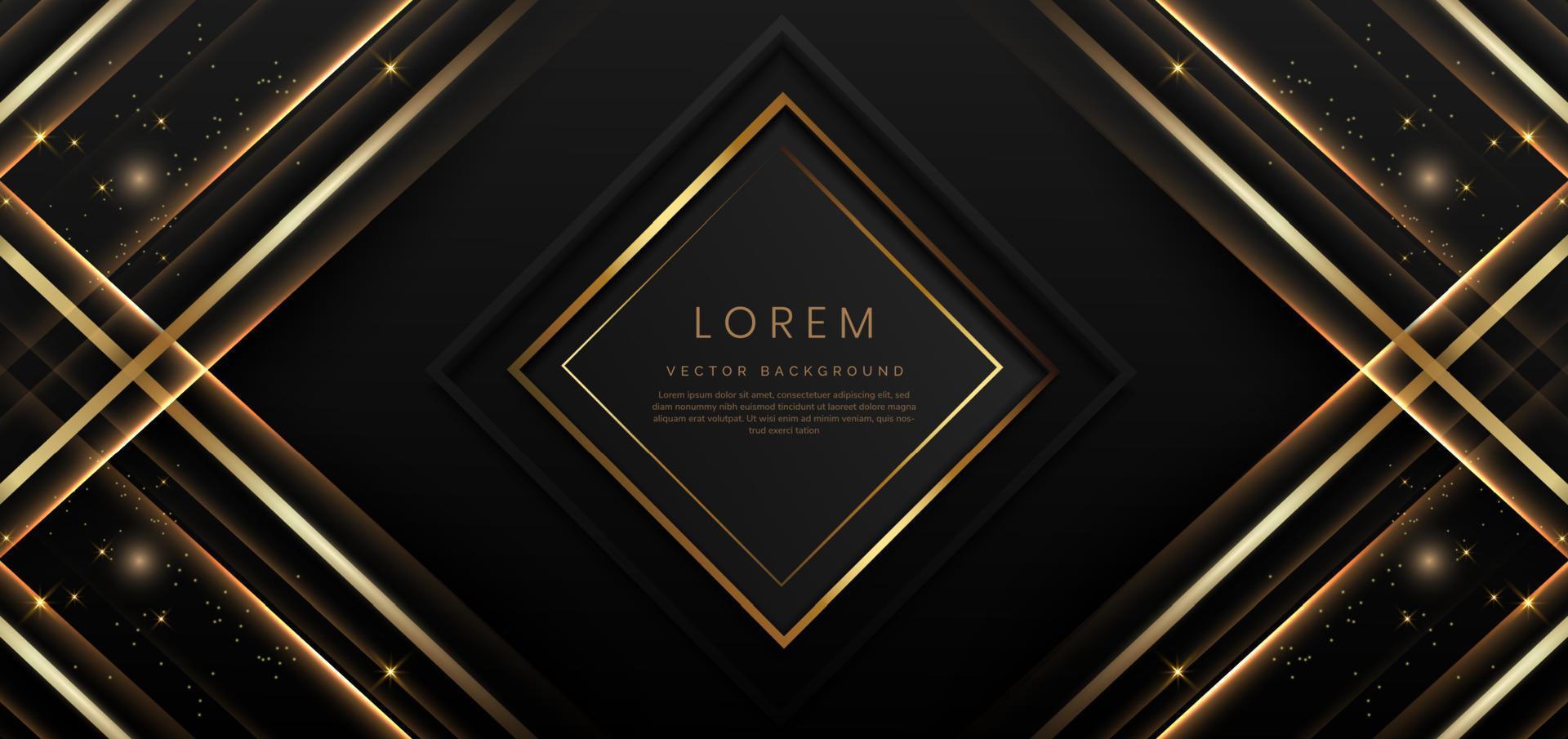 Abstract elegant gold lines diagonal on black background with lighting effect. Luxury square frame with copy space for text. vector