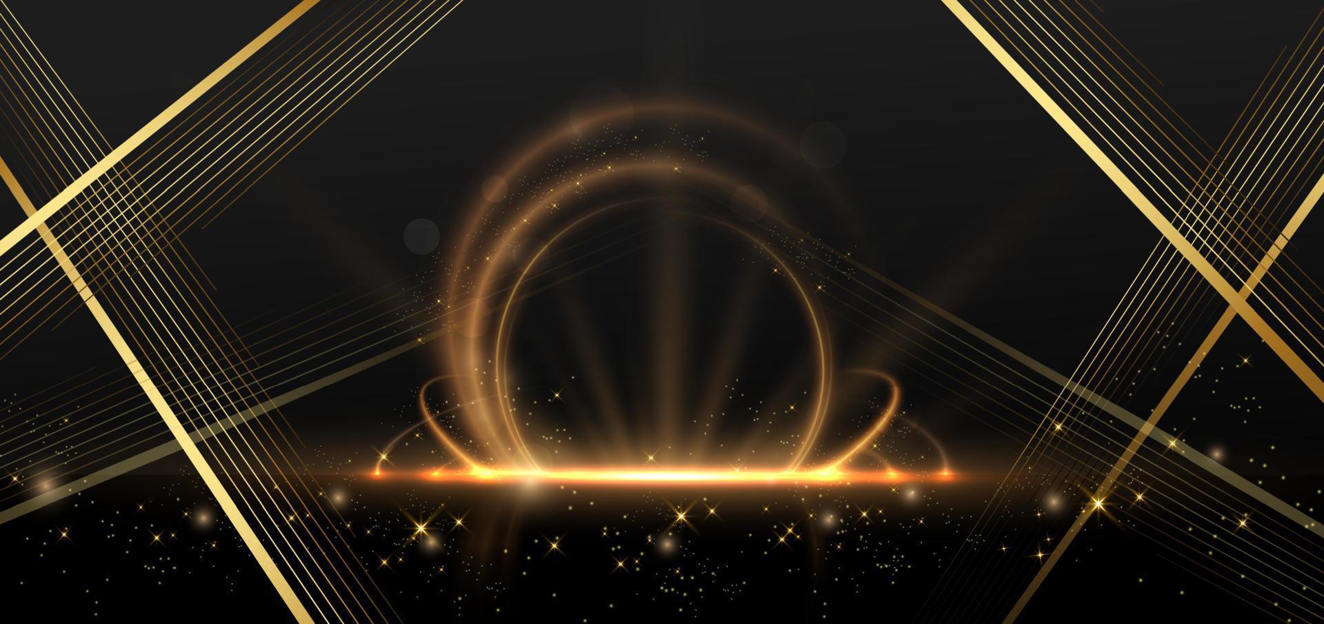 Abstract elegant golden circle with lighting effect diagonal scene sparkle on black background. Template premium award design. vector