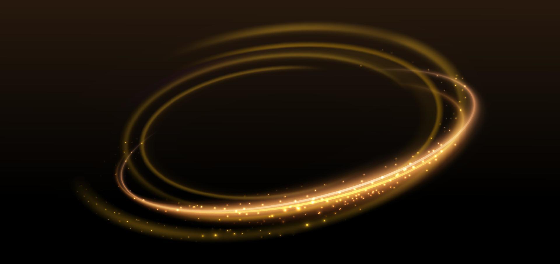 Gold light effect curves with sparkle on black background. vector
