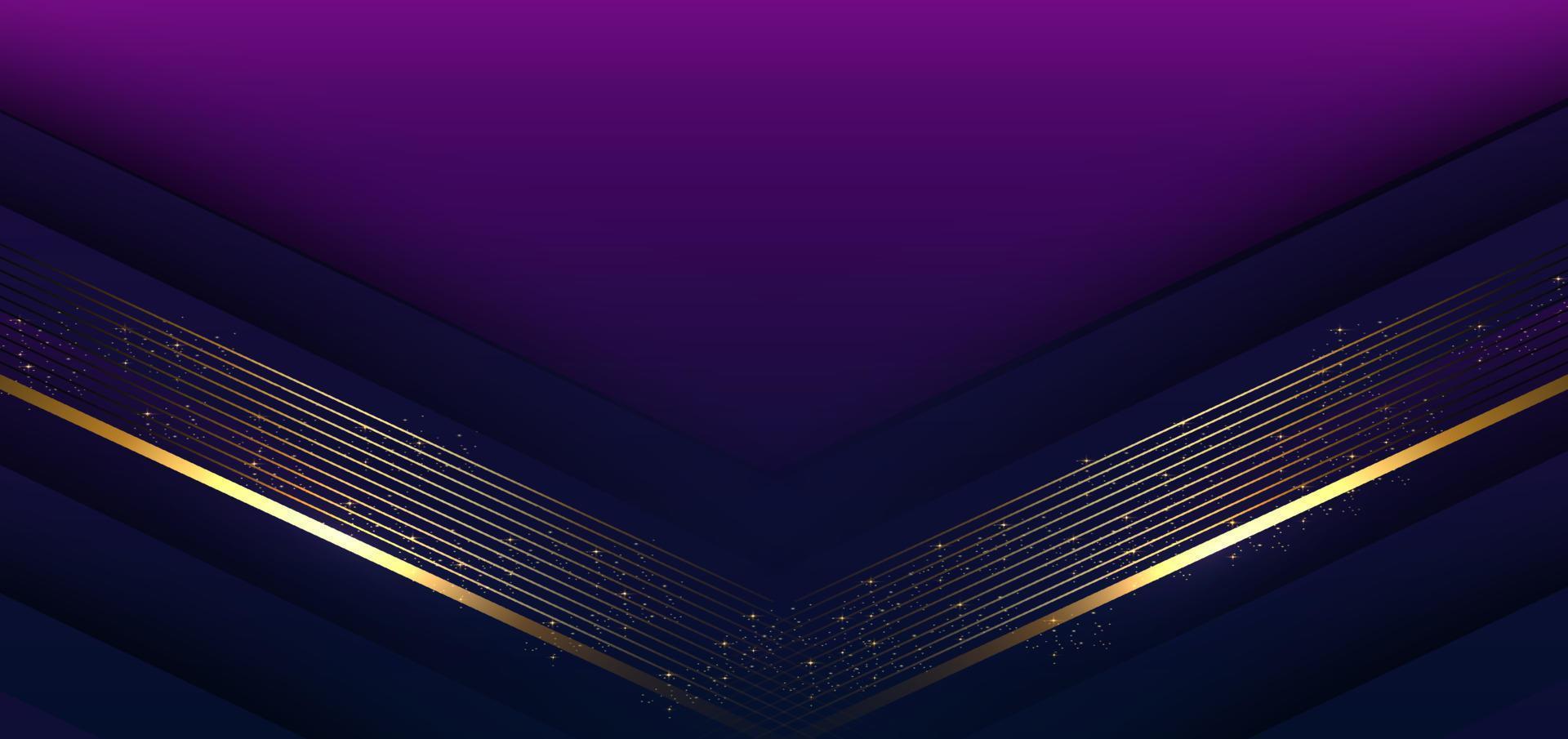 Template triangles purple and dark blue geometric with golden line layer and lighting effect sparkle on dark blue background. Luxury style. vector