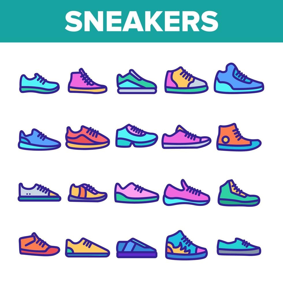 color, zapatillas, línea fina, iconos, conjunto, vector