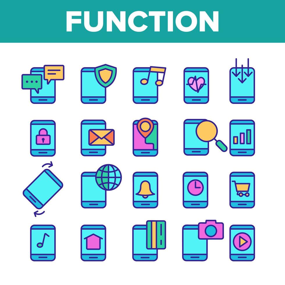 Color Smartphone App Function Vector Linear Icons Set