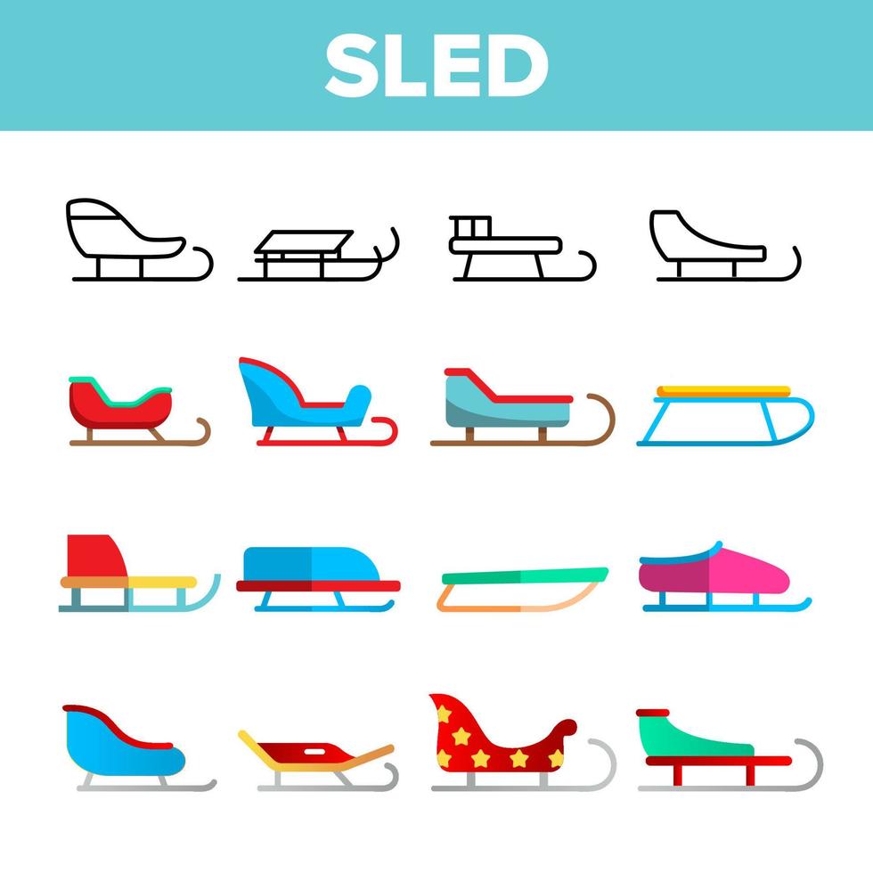 Sled, Winter Activity Vector Linear Icons Set