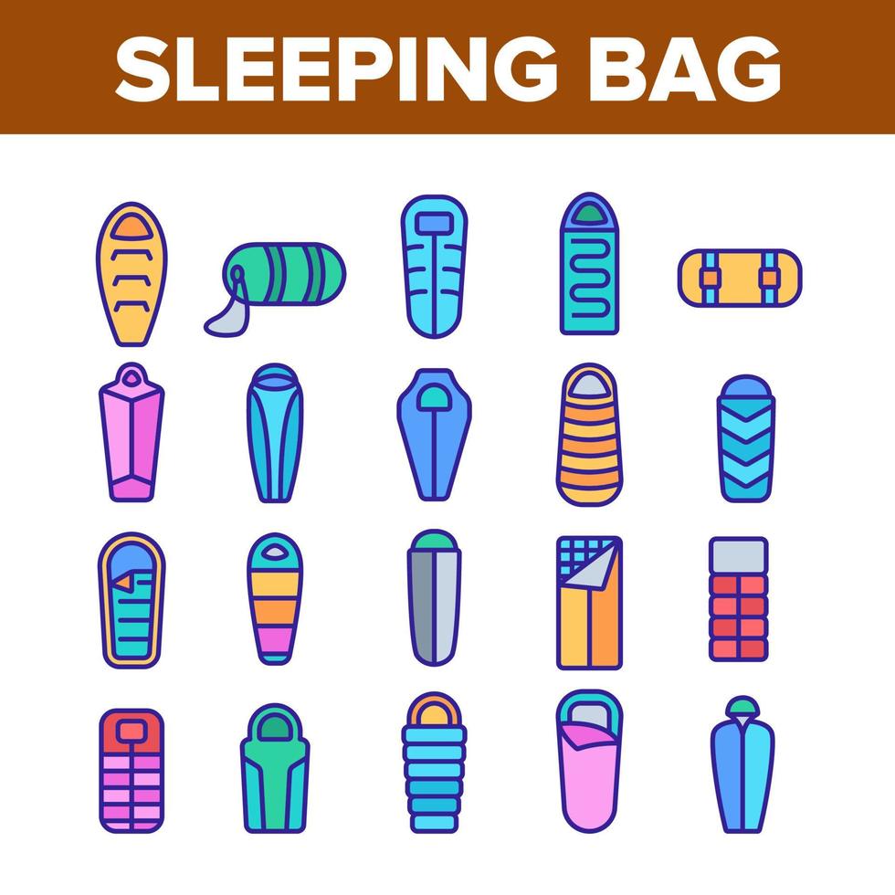 conjunto de iconos de colección de accesorios de saco de dormir vector