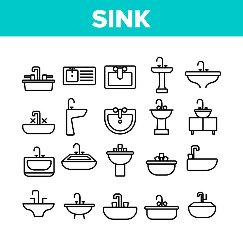 Sink Ceramic Bathroom Collection Icons Set Vector