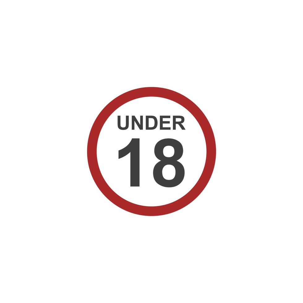 Vector sign of the Under 18 years Sign Mark symbol is isolated on a white background. Under 18 years Sign Mark icon color editable.