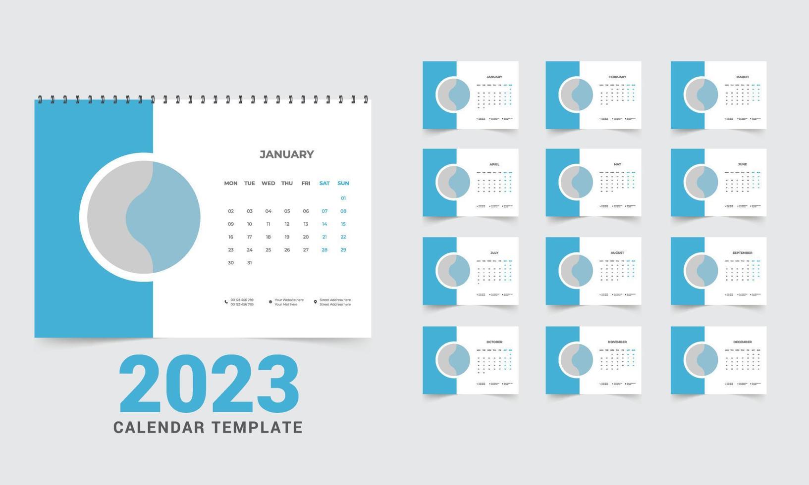 desk calendar layout 2023, Set Desk Calendar template design with Place for Photo and Company Logo. The week monday on Sunday. Set of 12 Months vector