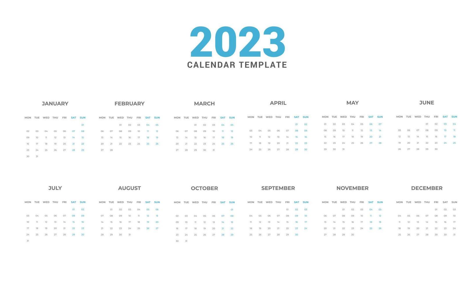 vector de plantilla de calendario 2023, diseño mínimo simple, planificador 2023 año, calendario de pared 2023 año, la semana comienza el domingo, conjunto de 12 calendarios, publicidad, impresión, papelería, vacaciones en colores azules