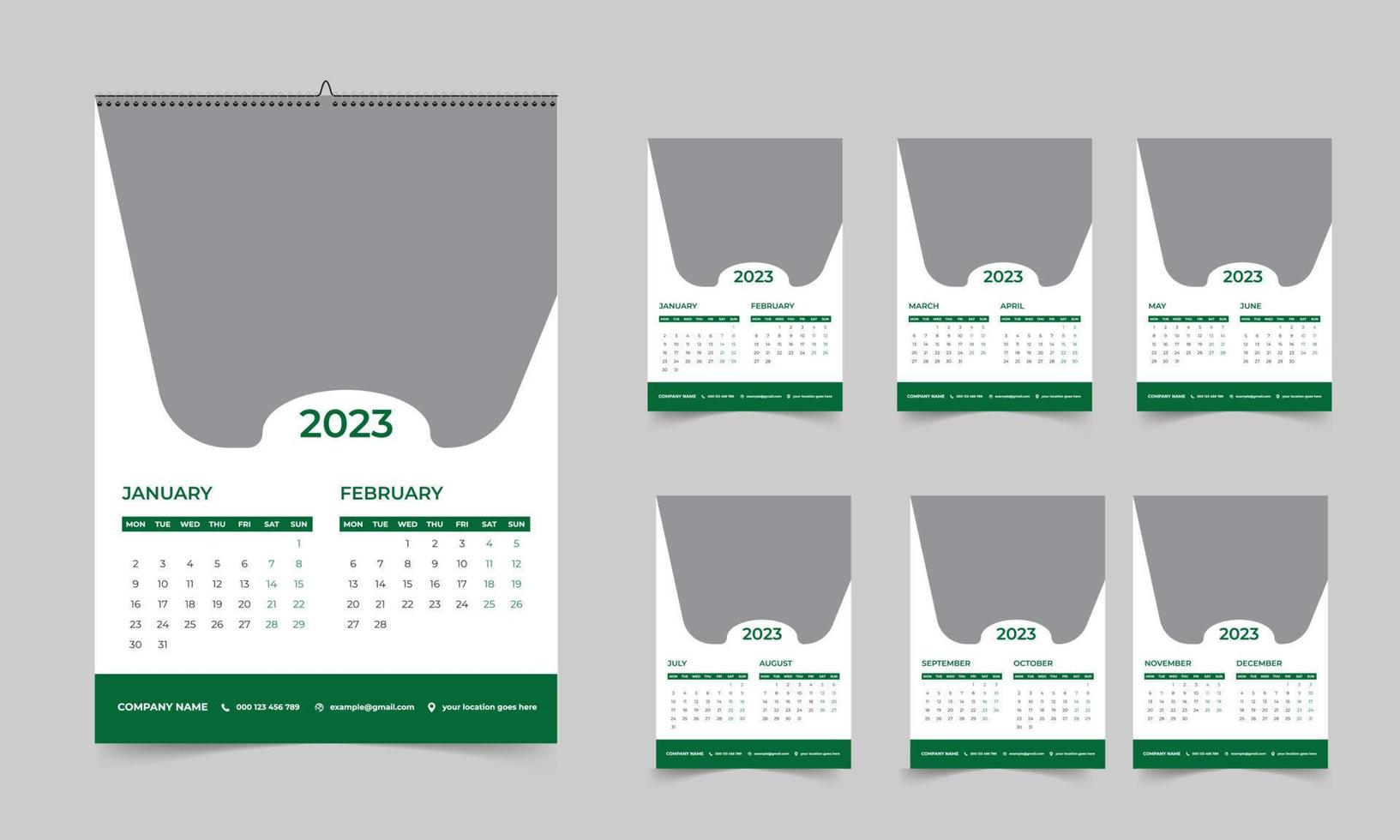Calendario de pared con foto mensual de pared 2023. Diseño de calendario de foto vertical mensual simple para el año 2023 en inglés. calendario de portada, plantillas de 12 meses. vector