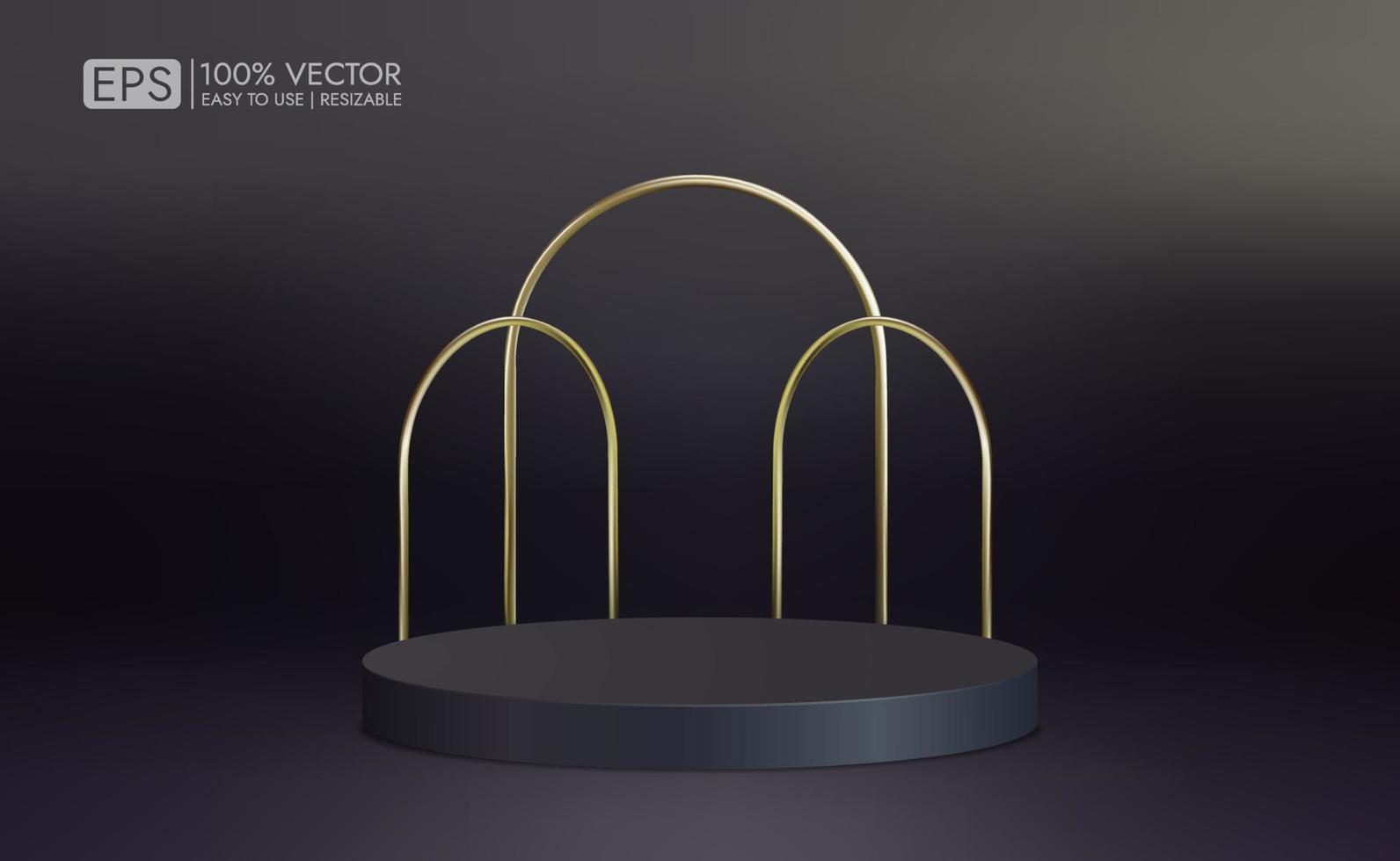 Realistic black podium with gold bars for minimal scene product display. vector rendering on dark background. minimal studio room scene