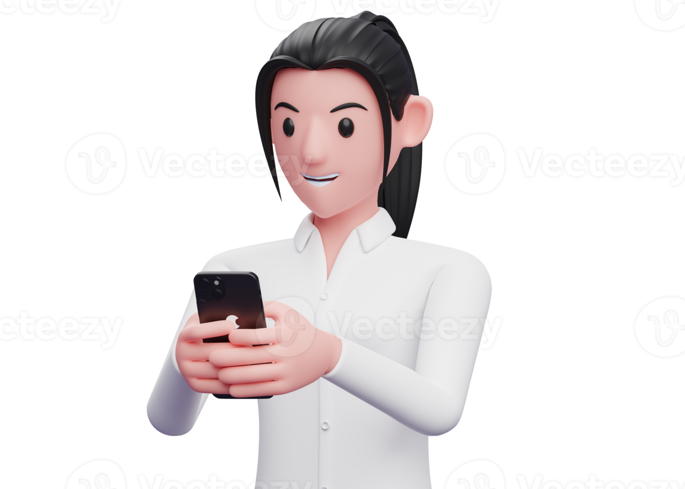 Portrait Business Woman texting on a cell phone, 3d render close up girl character png