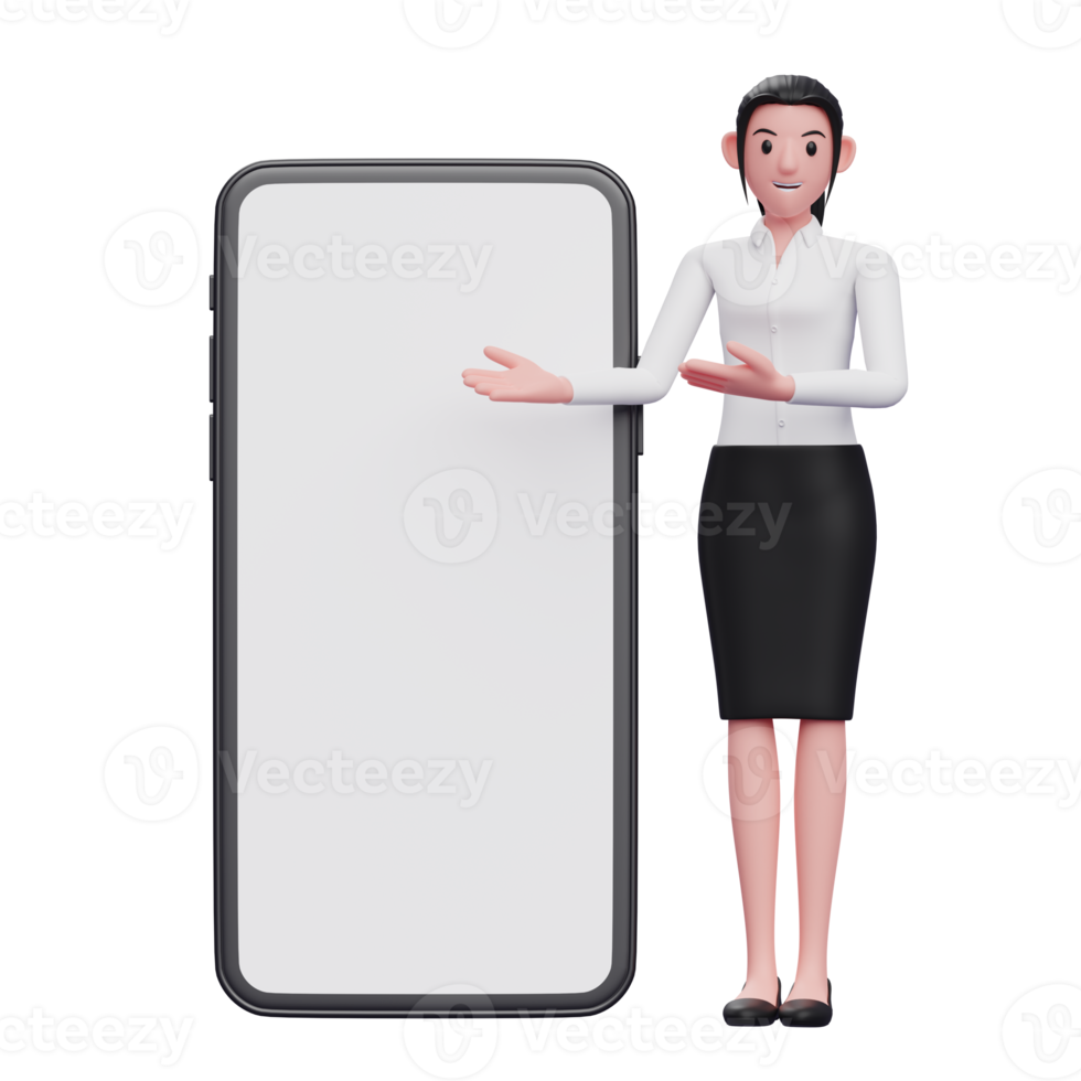 girl presenting with big phone wearing white shirt and black skirt, 3d render character illustration png