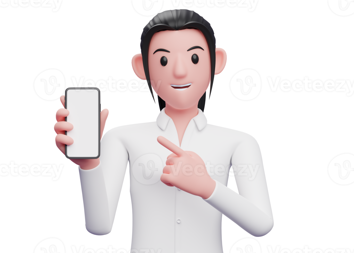 Portrait Business Woman pointing cell phone with index finger, 3d render close up girl character png