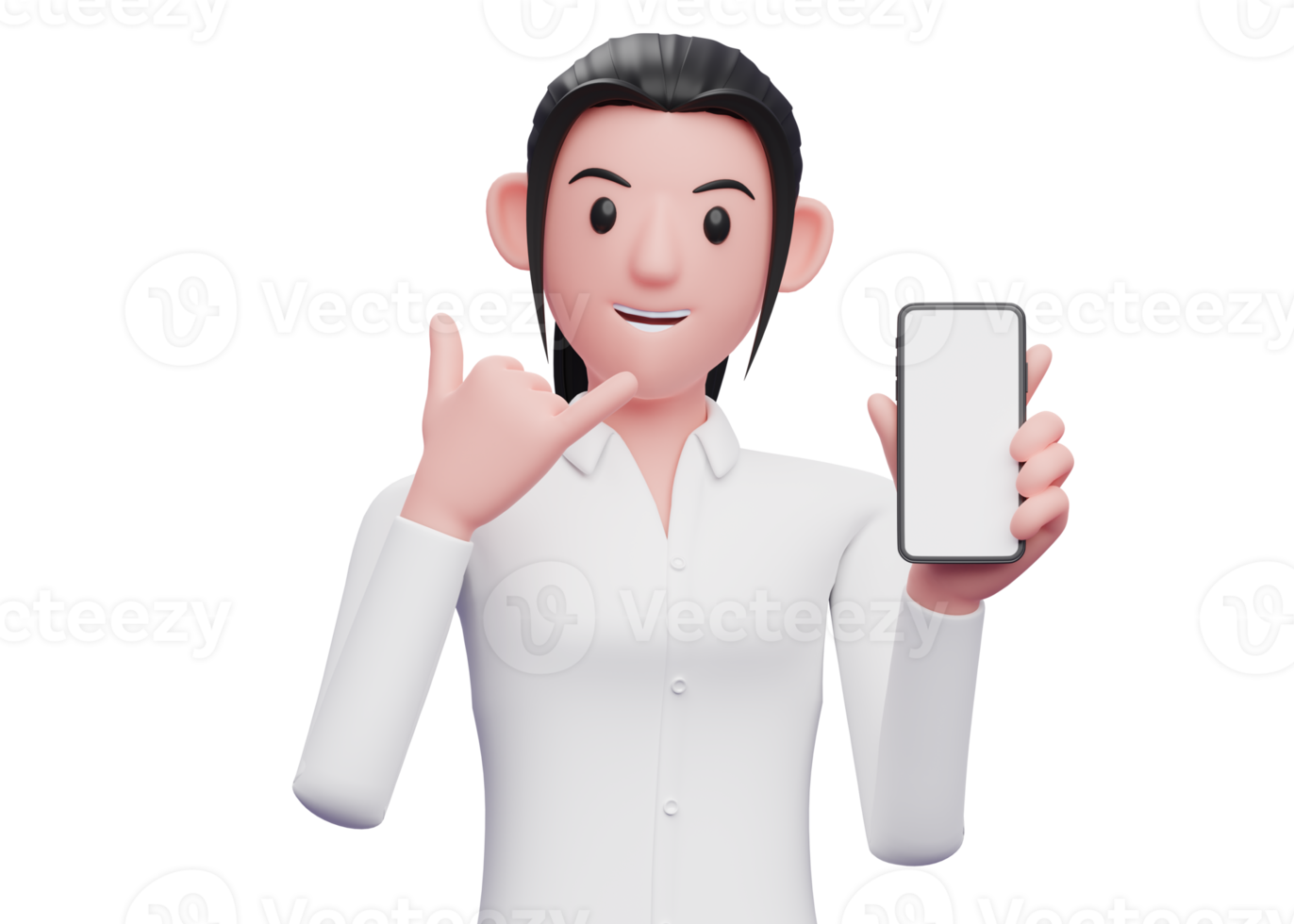 Portrait Business Woman holding a cell phone with call me sign finger gesture png