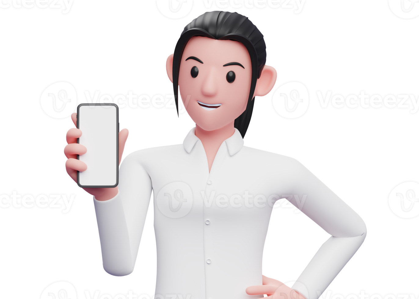 Portrait Woman holding and looking at a cellphone with her left hand on her waist for advertising png