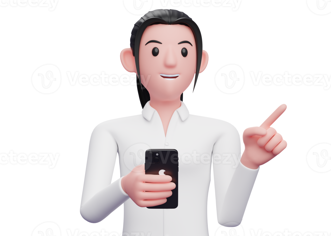 portret schattig meisje met een mobiele telefoon terwijl ze naar de zijkant wijst en iets kiest png