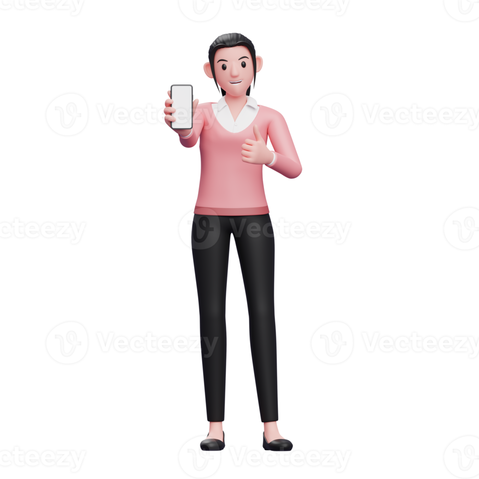 girl in sweater give thumbs up and showing phone screen, 3d render character illustration png