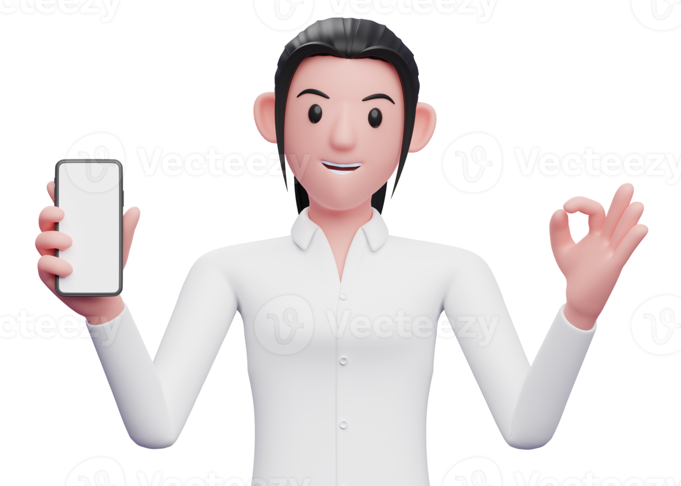 Portrait beautiful girl holding a cell phone while giving an ok finger gesture png