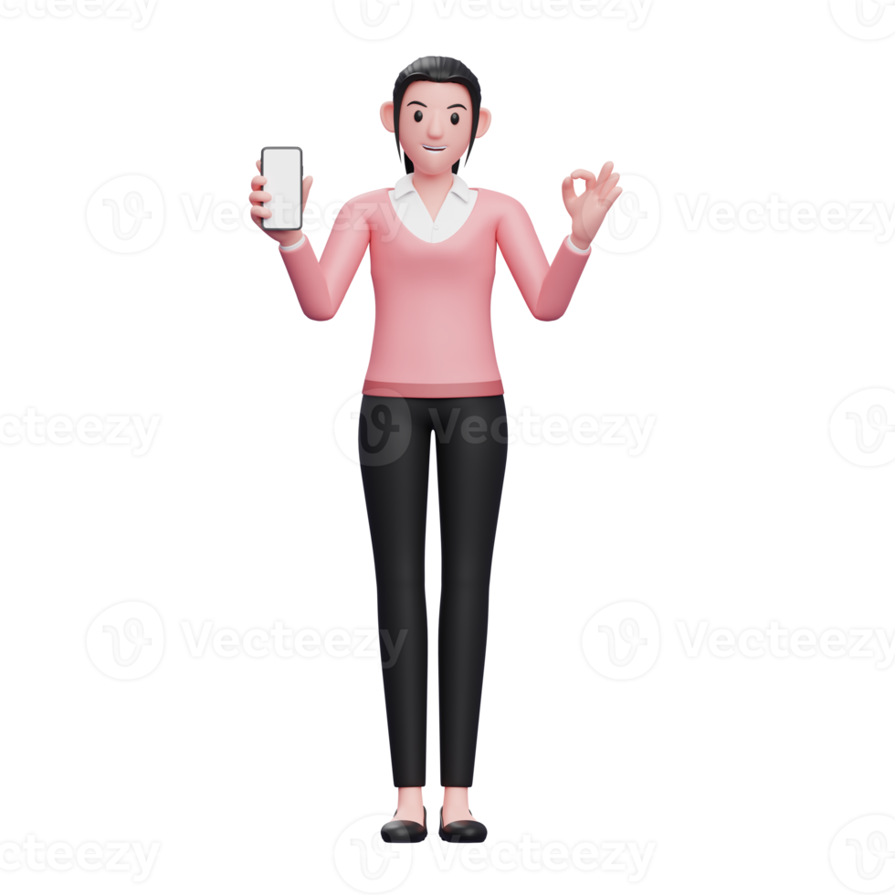 girl in sweater holding phone and showing ok finger, 3d render character illustration png