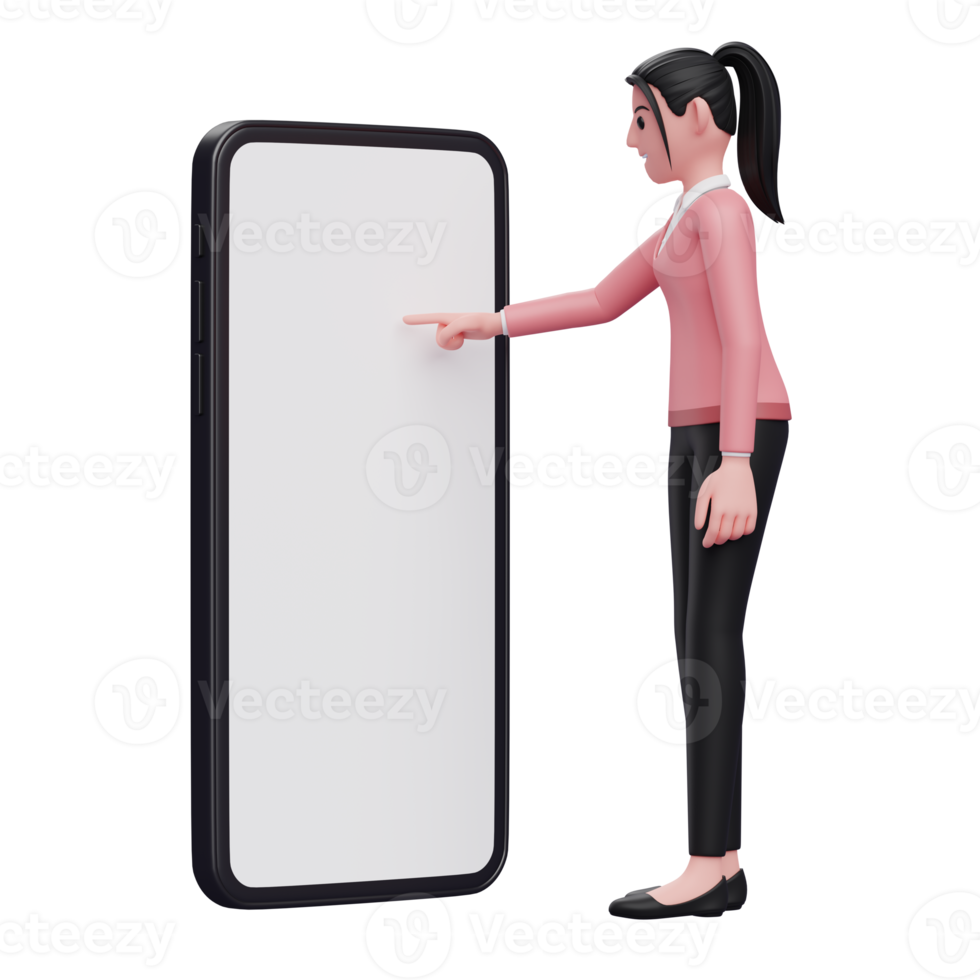 garota de suéter jogando celular tocando a tela do telefone com o dedo indicador, ilustração de personagem de renderização 3d png