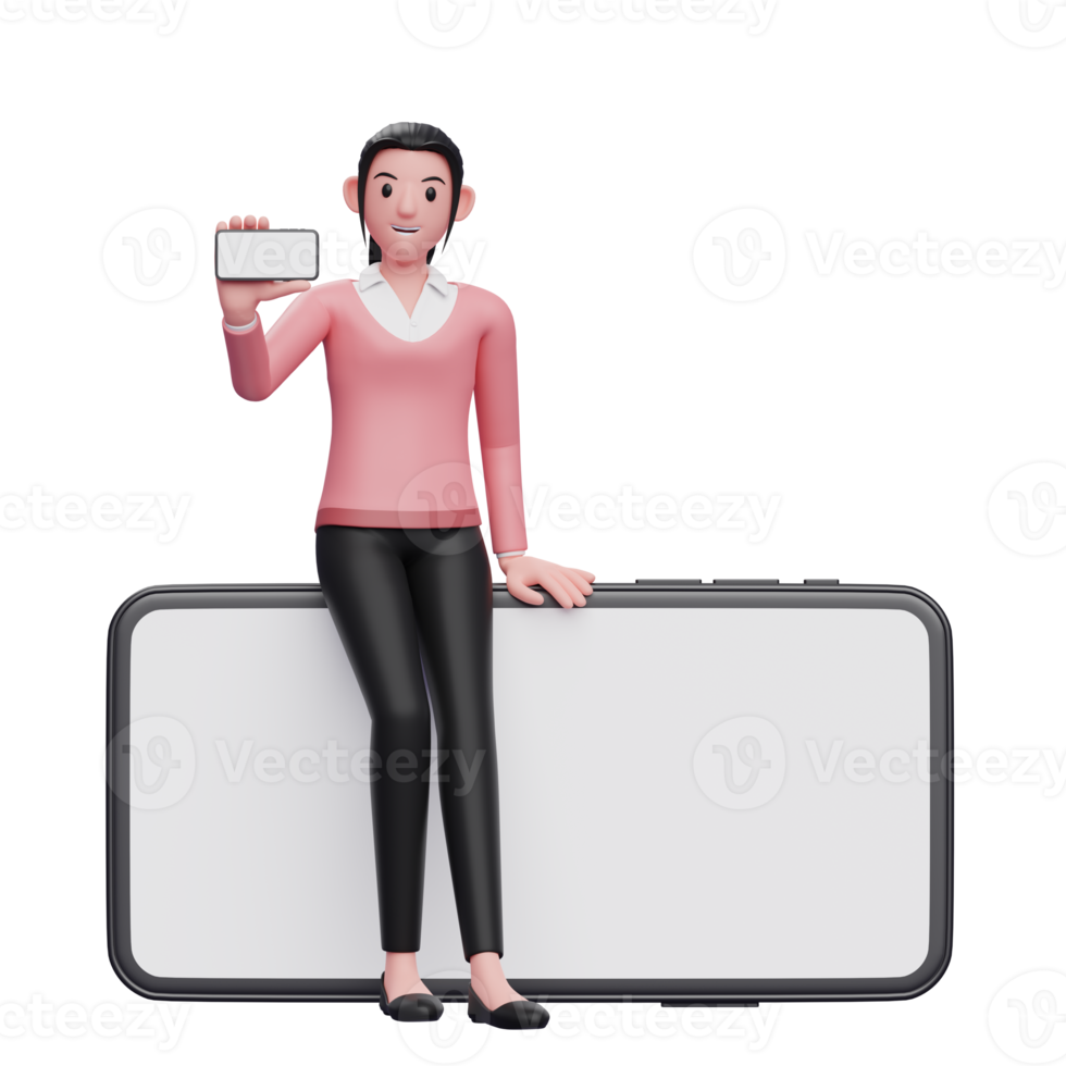 girl in sweater sitting casually on a landscape phone while showing the phone screen, 3d render character illustration png