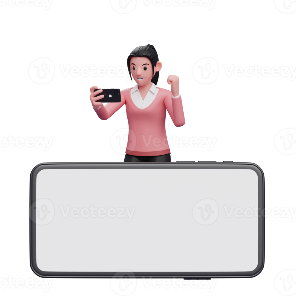 girl in sweatshirt standing behind a large landscape cellphone while celebrating, 3d render character illustration png