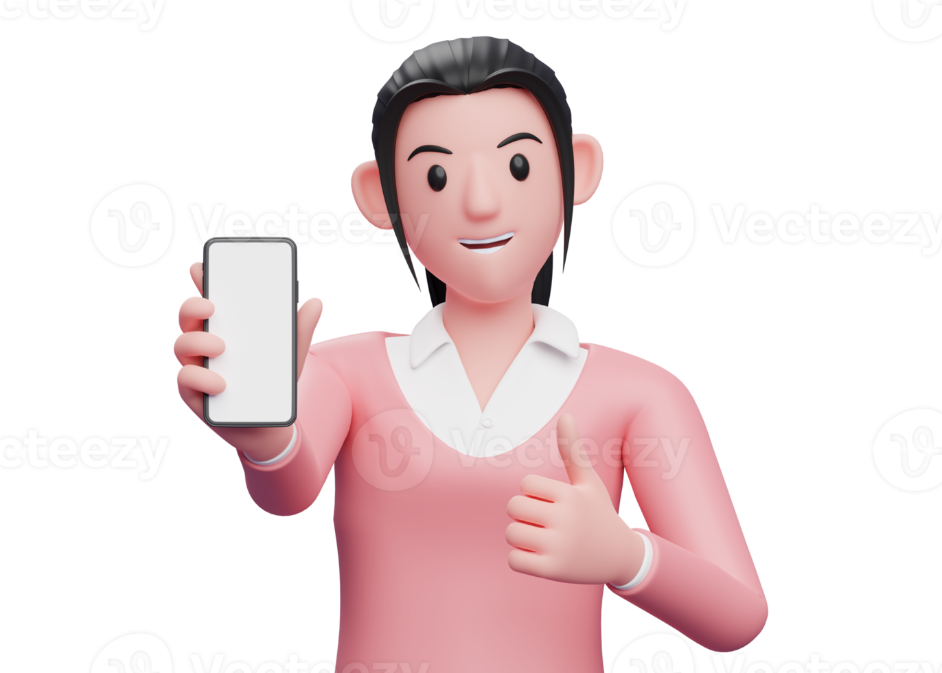 girl in pink sweatshirt showing the phone screen to the camera with a thumbs up, 3d render character illustration png