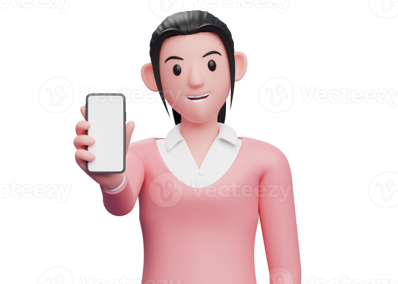 ragazza in maglione che mostra lo schermo del telefono alla fotocamera, illustrazione del carattere di rendering 3d png