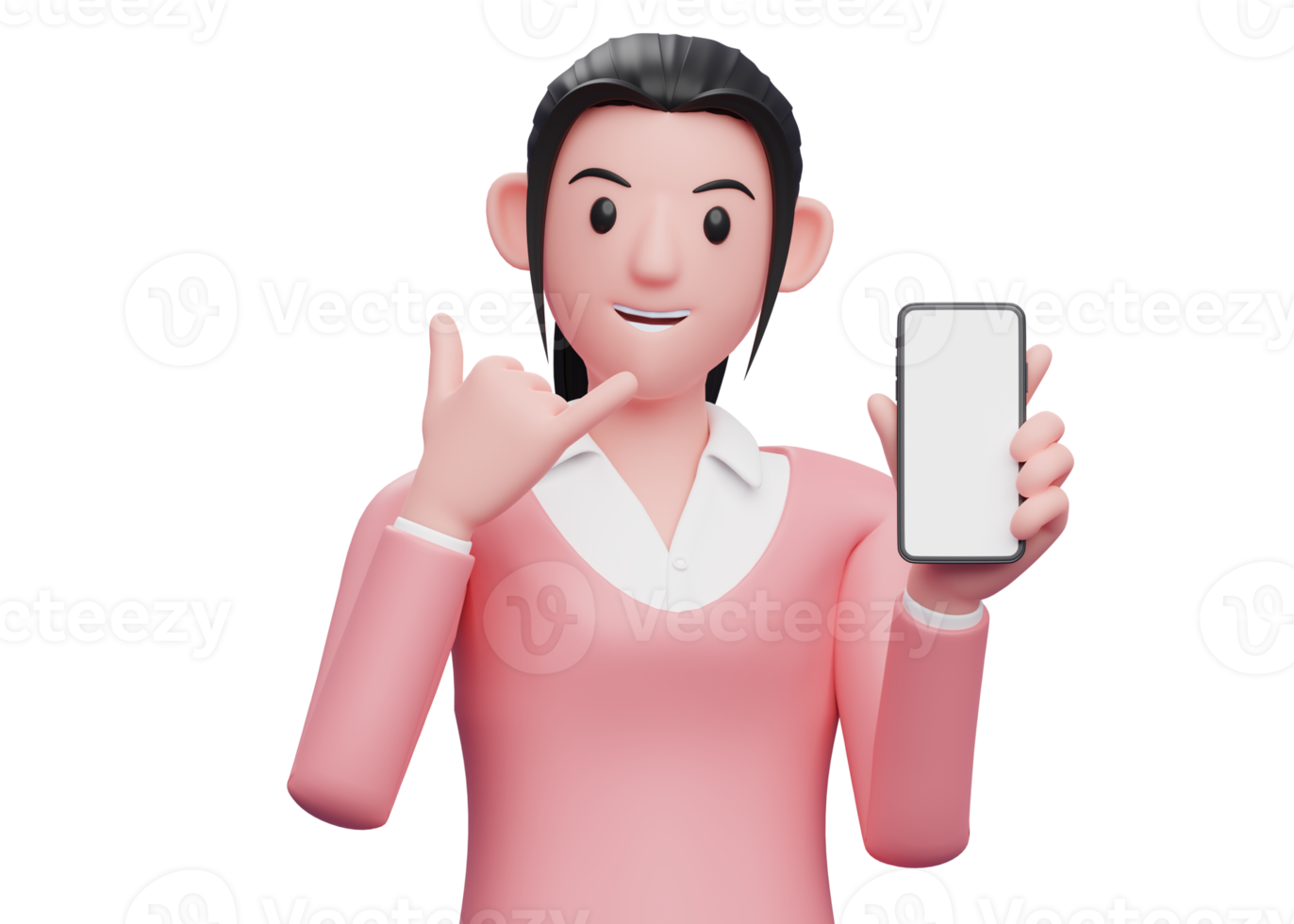 girl in pink sweatshirt holding a cell phone with the gesture call me sign finger, 3d render character illustration png