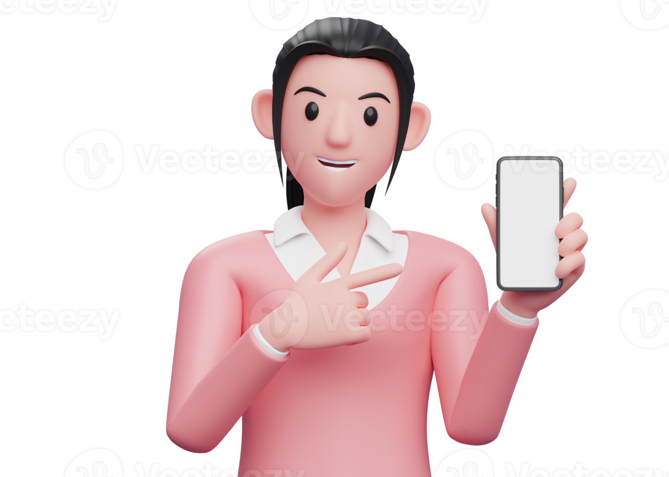 girl in pink sweatshirt pointing with a finger gun at the cellphone she is holding, 3d render character illustration png