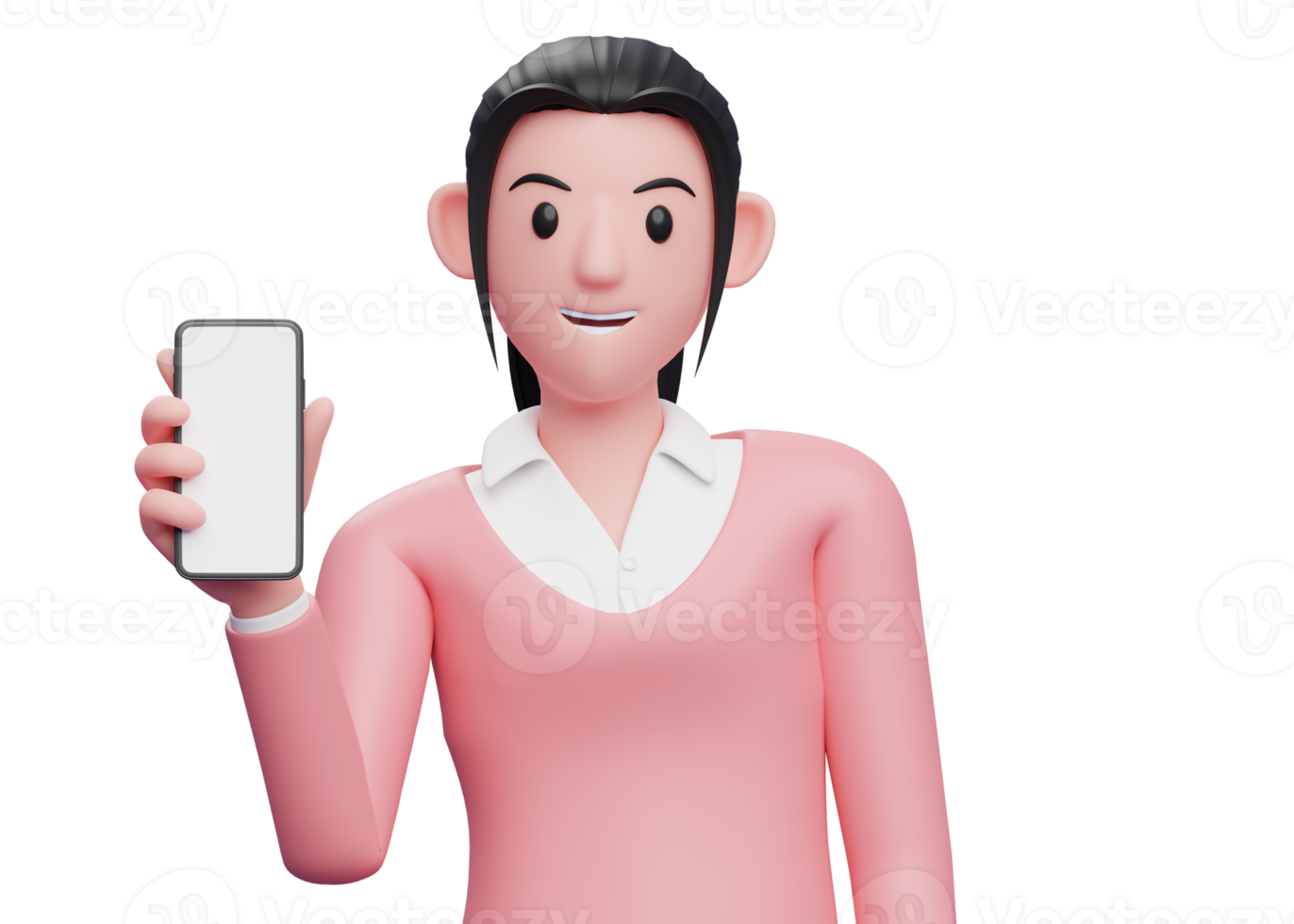 girl in pink sweatshirt holding a cellphone while tilting her body, 3d render character illustration png