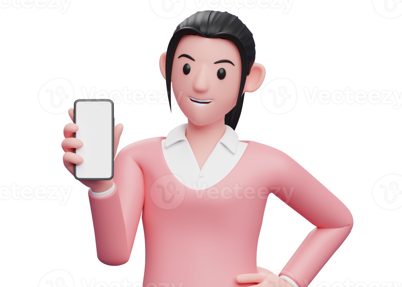 girl in pink sweatshirt holding and looking at a cellphone with her left hand on her waist, 3d render character illustration png