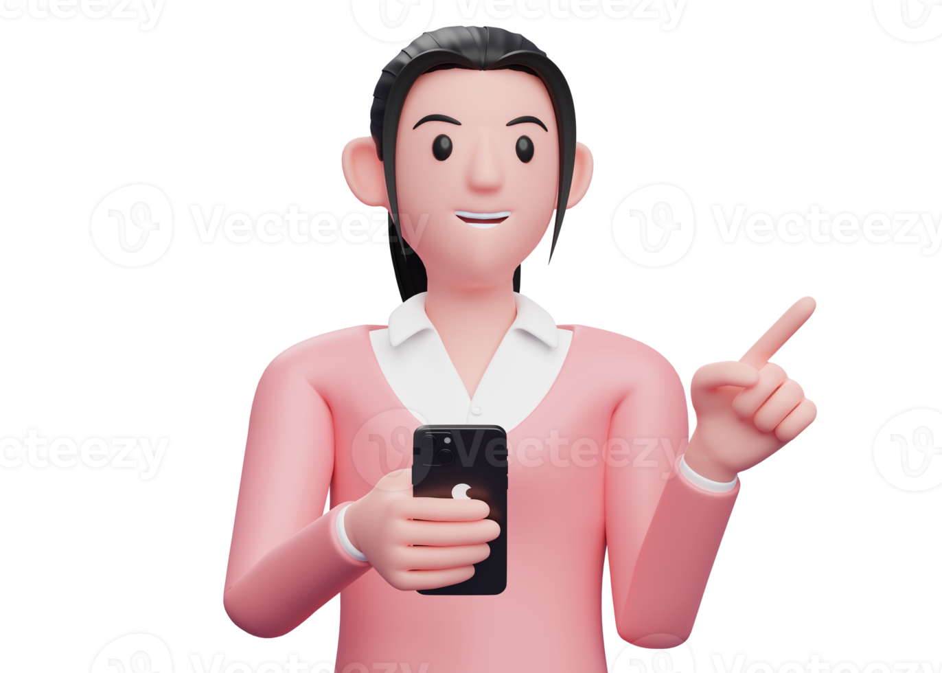 girl in pink sweatshirt holding a cell phone while pointing to the side choosing something, 3d render character illustration png