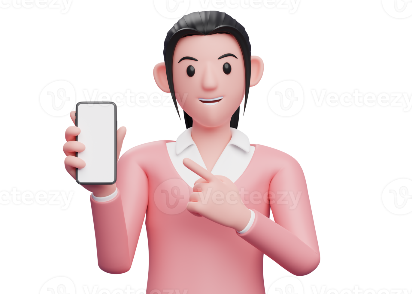beautiful woman in sweatshirt pointing cell phone in hand, 3d render character illustration png