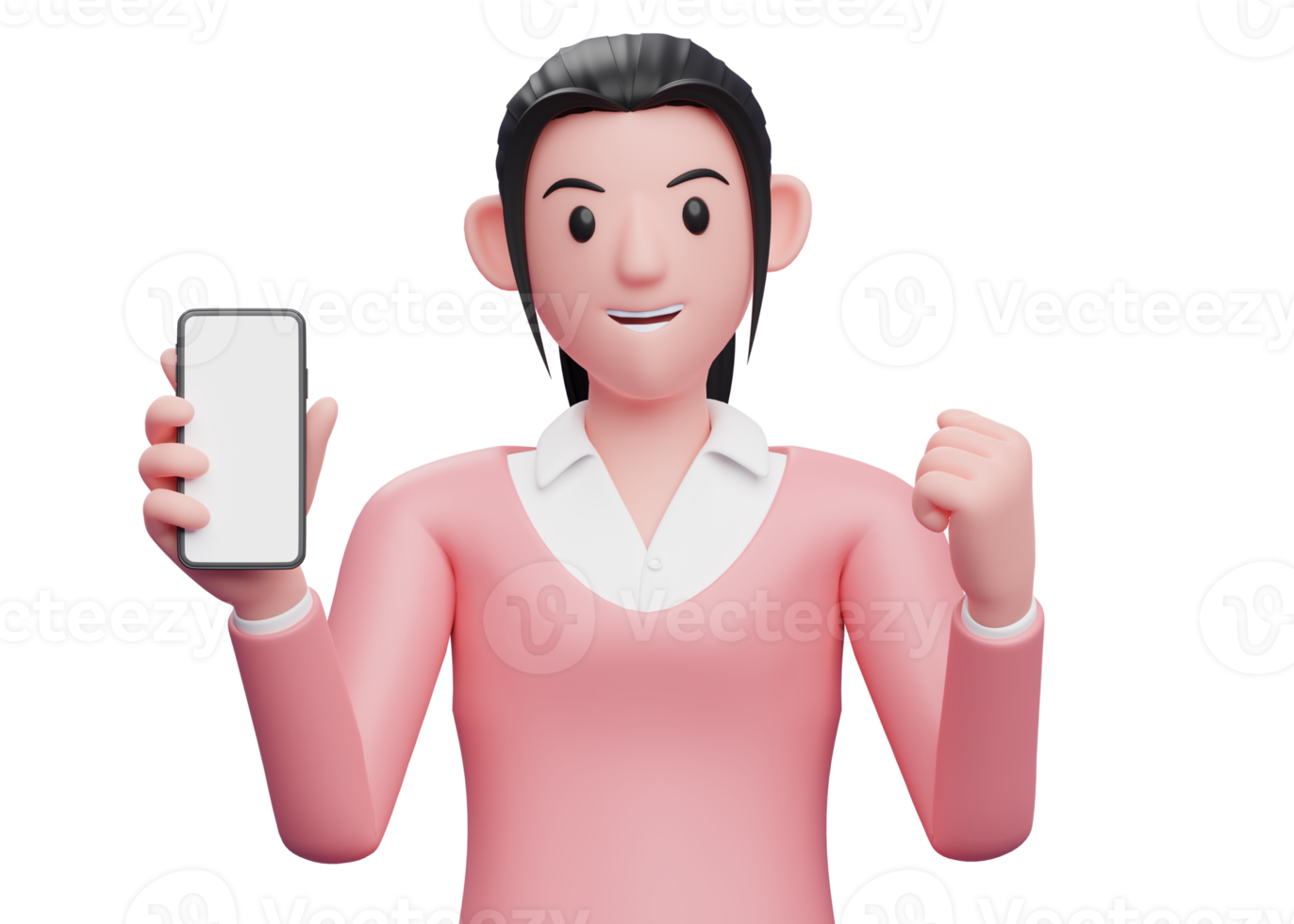 girl in sweater holding phone and clenching hands celebrating, 3d render character illustration png