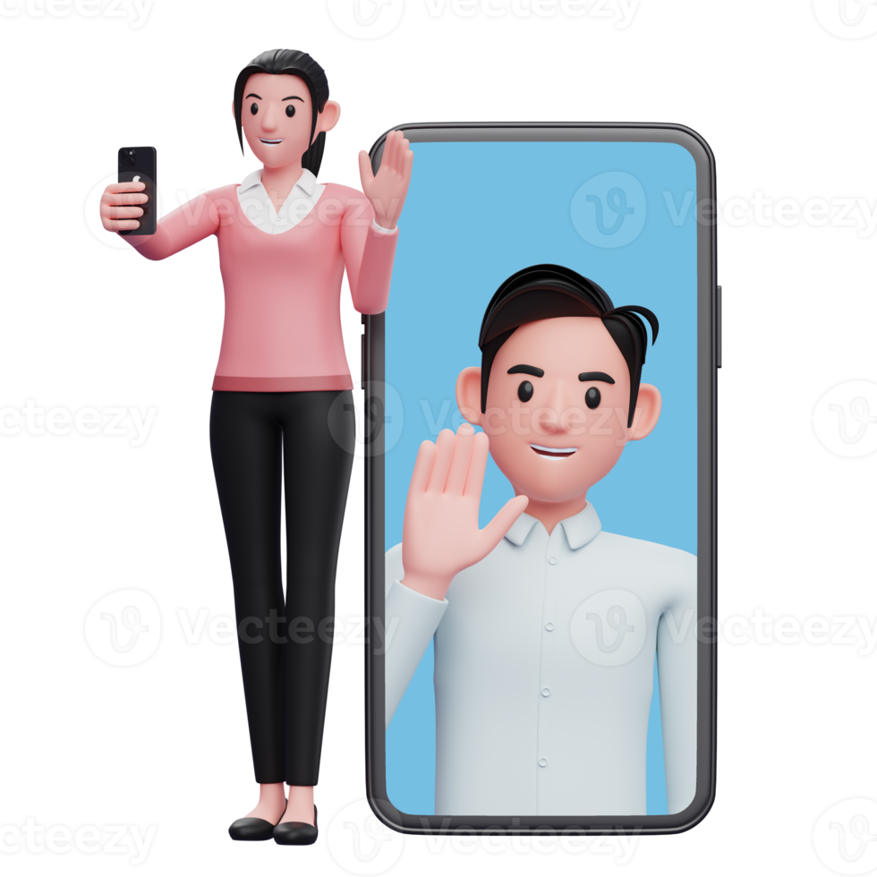 woman standing while making a video call with colleagues on a large mobile phone screen background png