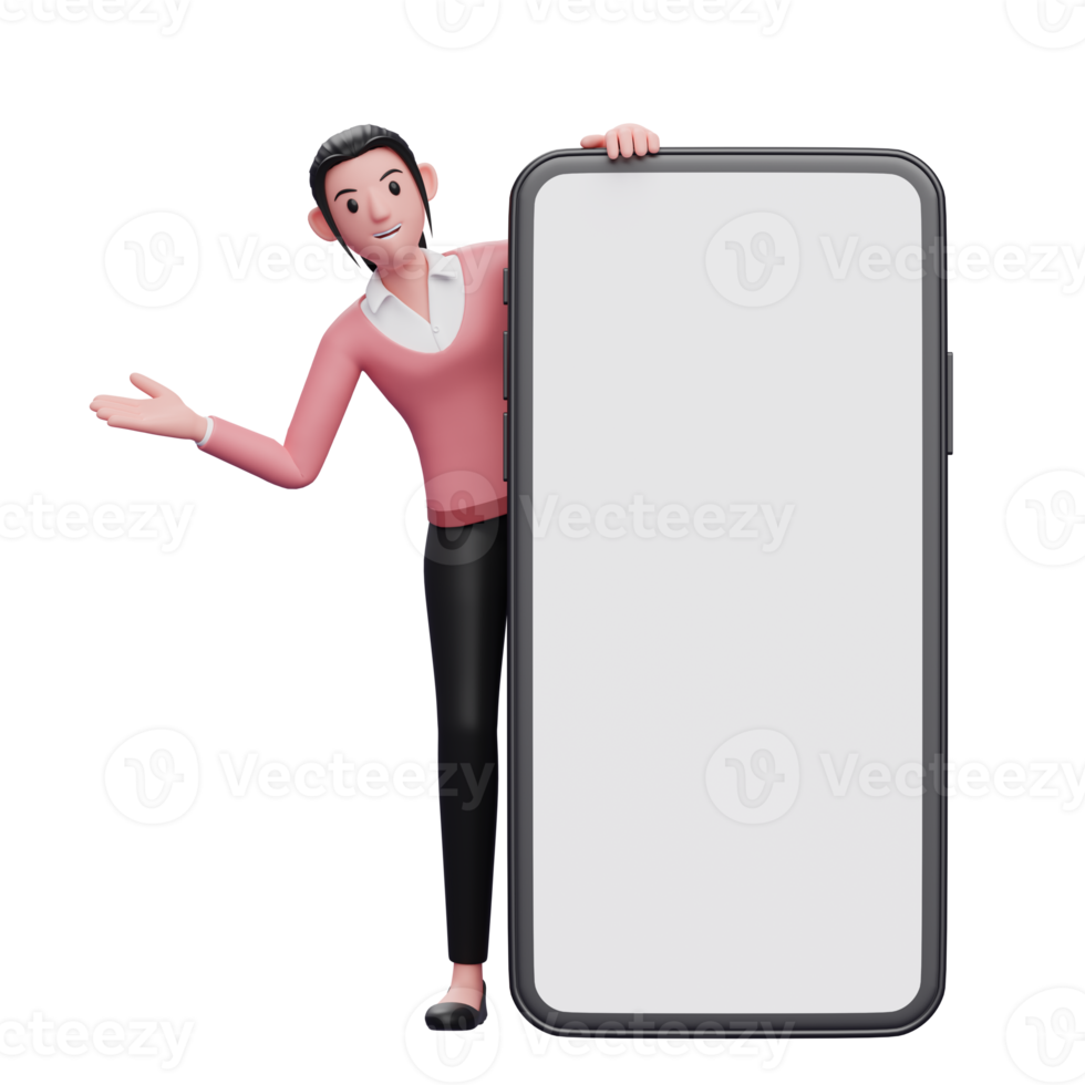 beautiful woman appears from behind a big phone png